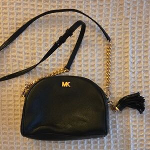 Michael Kors Ginny Half Moon Black Pepple Leather Crossbody Bag with Gold Chain